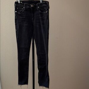 True Religion Distressed Black Cora Mid Rise Straight Skinny Jeans Women’s Sz 27